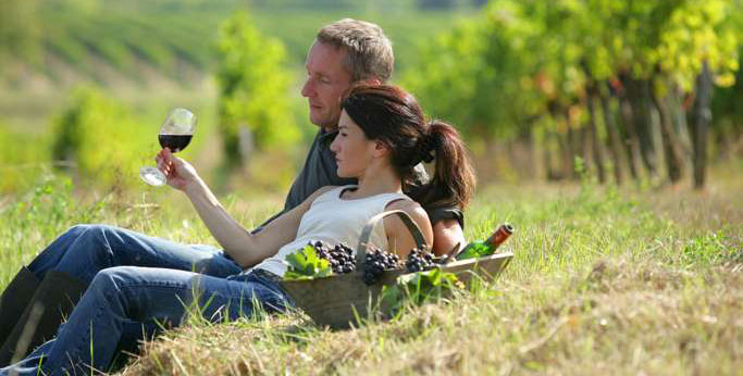 pár s vínem na louce